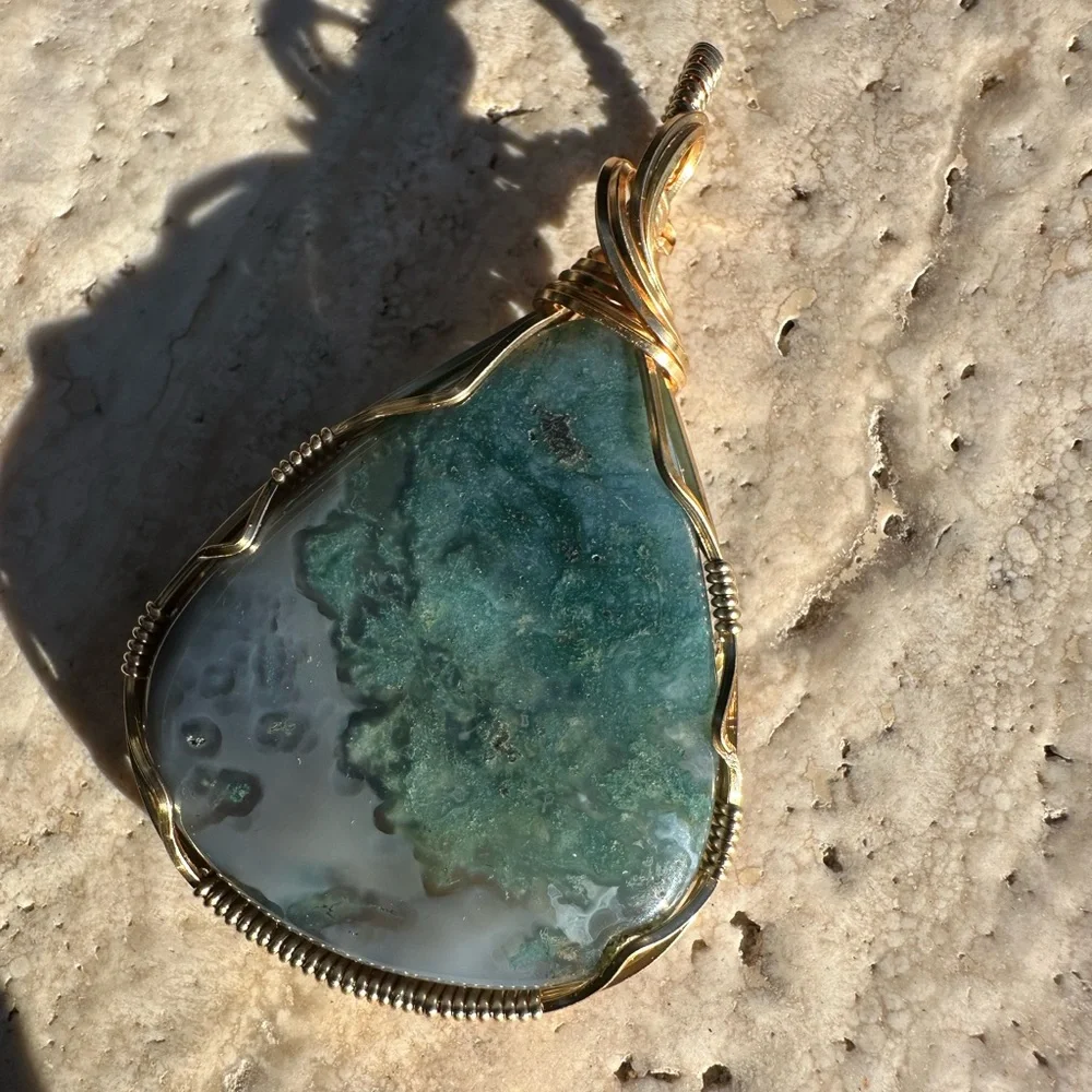Tarnish Resistant Gold Grounding Copper Moss Agate Necklace Pendant